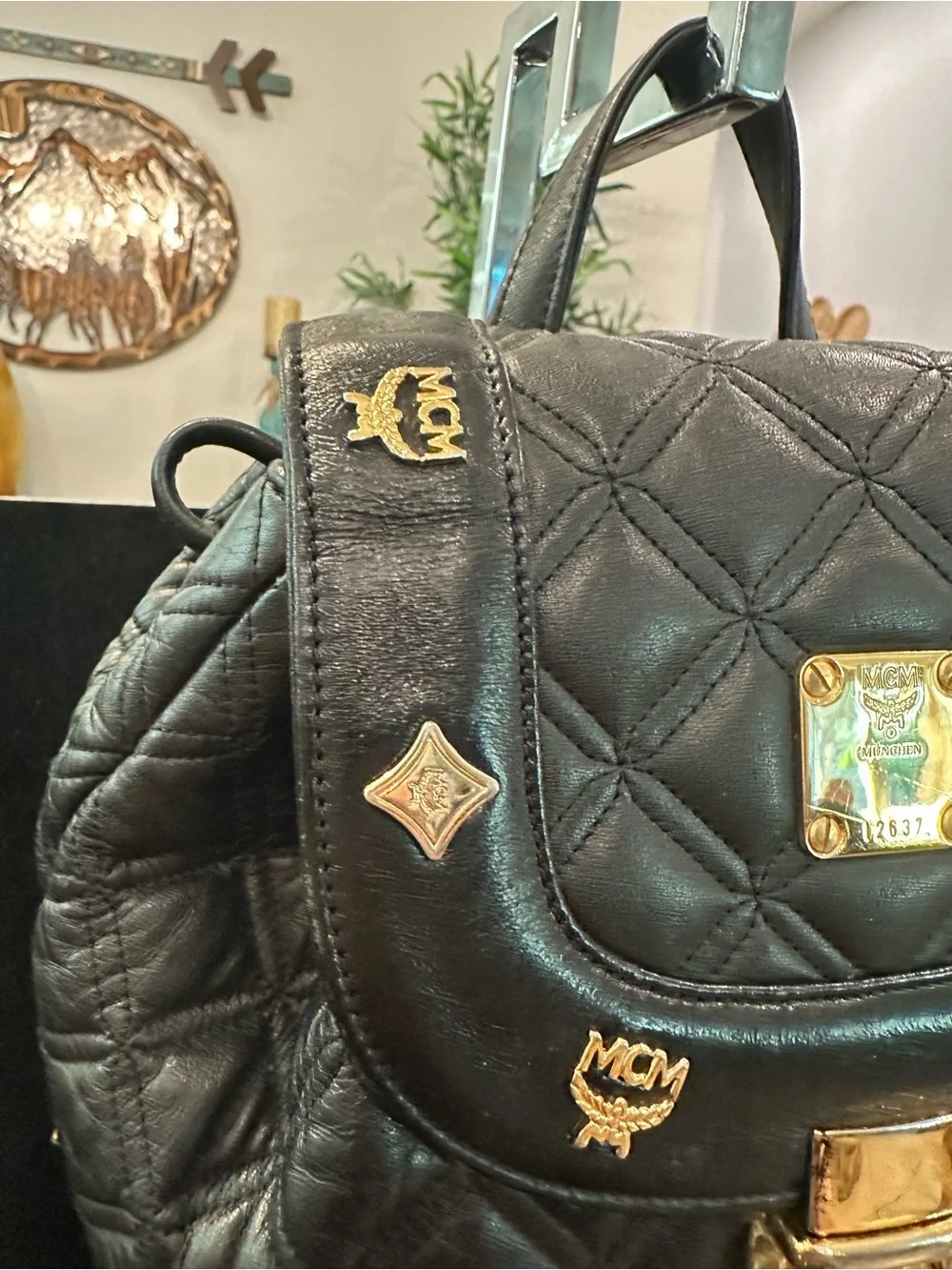 MCM # 226 Quilted Black Leather Backpack Gold Hardware/Logo Studs
